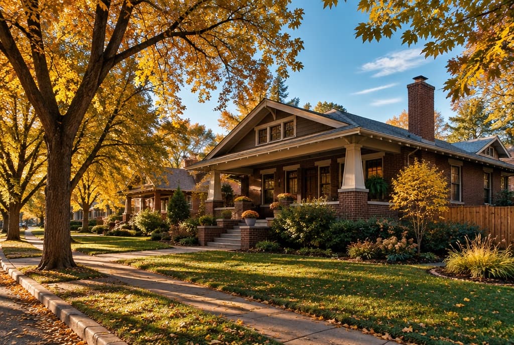 Classic 1920s brick bungalow on a tree-lined Denver street in autumn