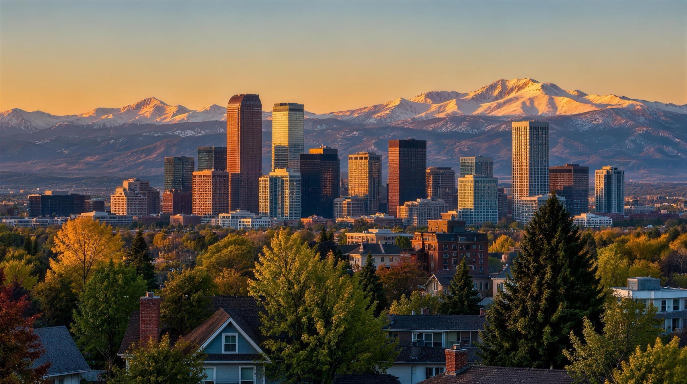 Denver skyline at golden hour with the snow-capped Front Range behind and neighborhood rooftops in the foreground